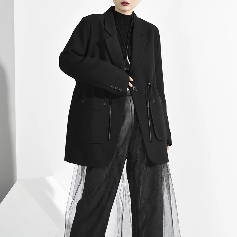 [EAM] женский черный блейзер с карманами на завязках, новая свободная куртка с отворотом и длинным рукавом, модный весенний осенний 1H7920