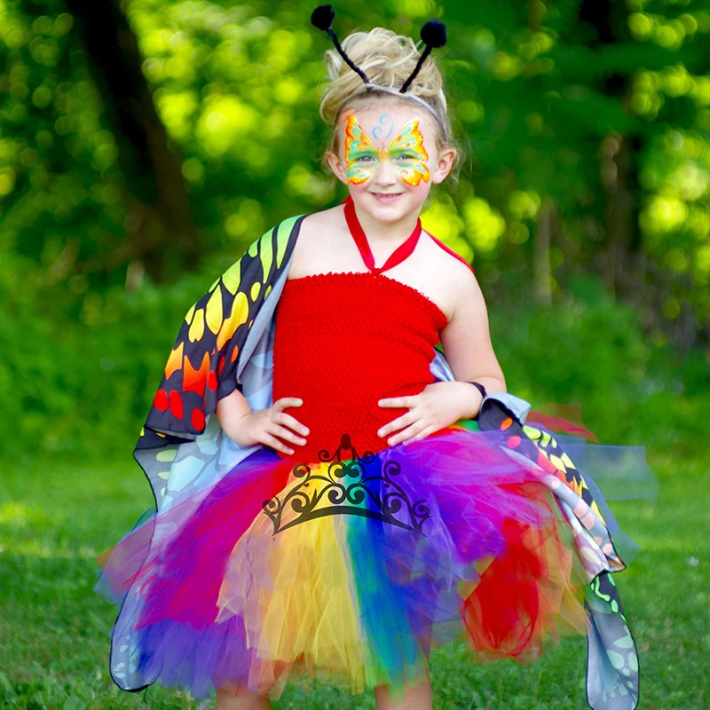 Bright Rainbow Butterfly Tutu Dress Little Kids Girls Halloween Costume Outfit Children Birthday Party Beach Holiday Tulle Dresses (5)