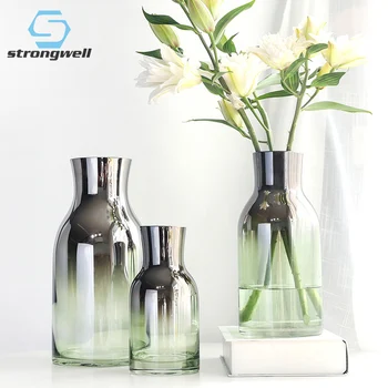 

Strongwell Silver Glass Flower Vase Modern Art Vase Plants Holder Flowerpots Home Decoration Living Room Wedding Gift