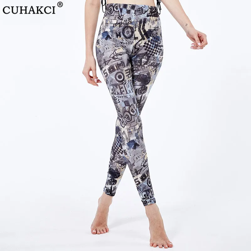 

CUHAKCI Sexy Polyester Legging High Elastic and Colorful Printed Trousers Gray Plus Size Legging Workout Pants Woman's Clothing