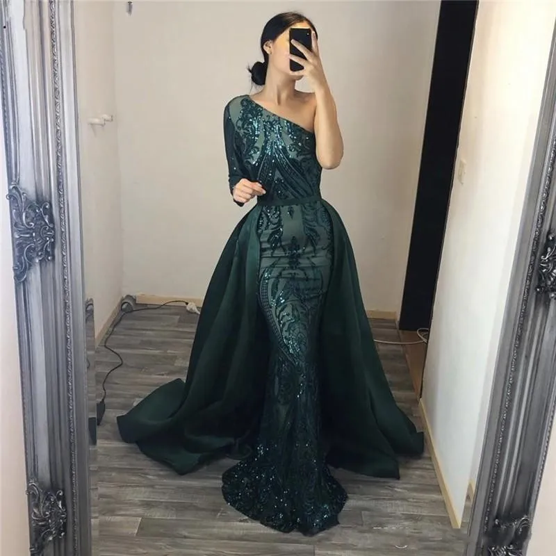 

Shiny One Shoulder Evening Dresses With Detachable Train Sequined Applique Long Sleeves Mermaid Prom Dress Overskirt Party Dress