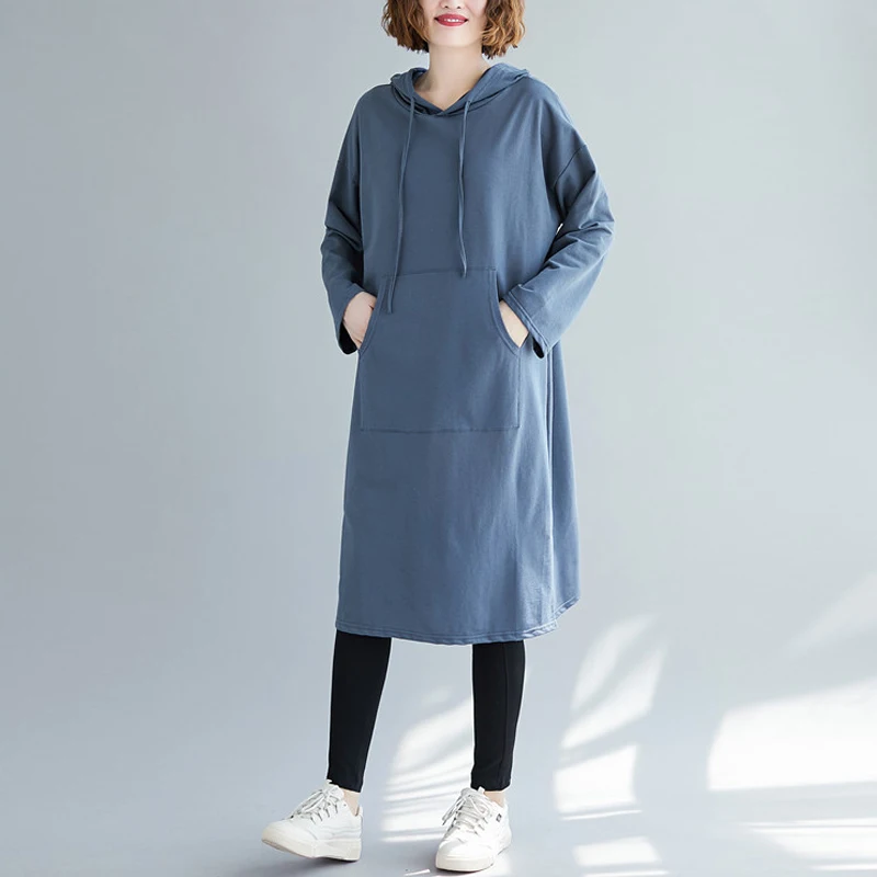 

Plus Size Women Pullover Dress Autumn Winter Long Sleeve Loose Casual Pocket Cotton Dresses Robe Femme Hooded Sweatshirt Dress