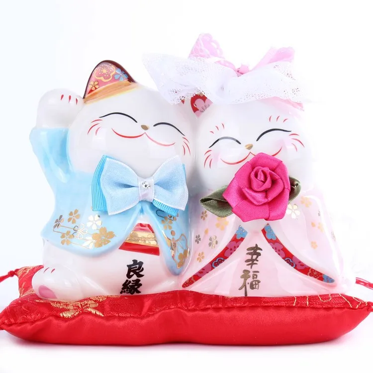 

Ceramic Lucky Cat Dual Couple Piggy Bank Maneki Neko Wedding Gift Valentine Decoration