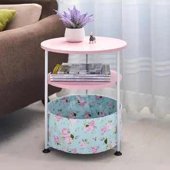 

Household Movable Round Sofa Side Table Small Cute Telephone Table Coffe Table Mini Computer Desk with Storage Bag Multi Layer
