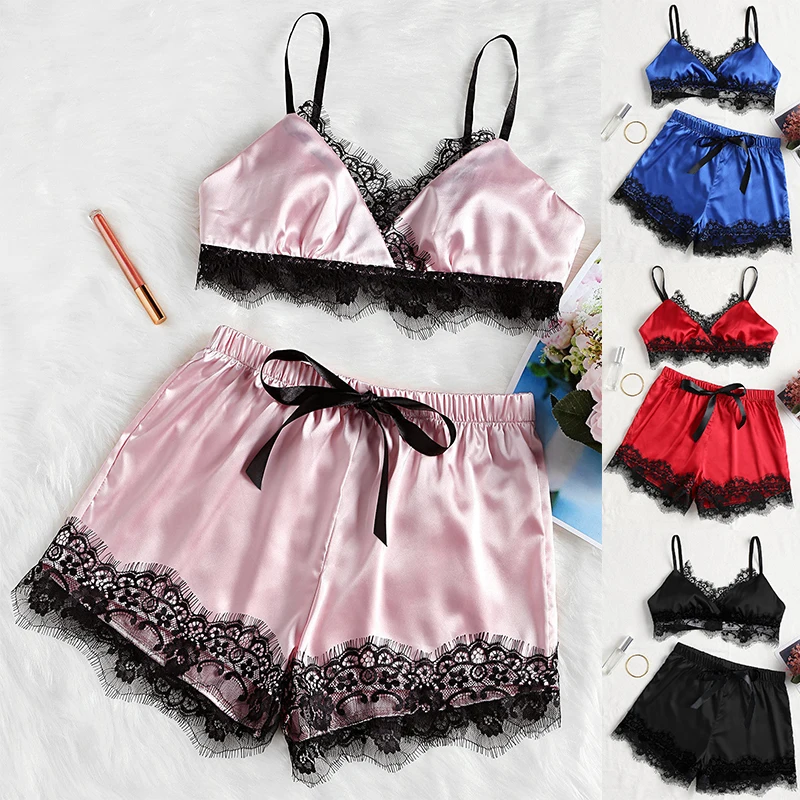 

Women's Sleepwear Sexy Satin Pajama Set Lace lingerie Sling V-Neck Pyjamas Sleeveless Two Piece Set Sleep Top and Shorts pajamas