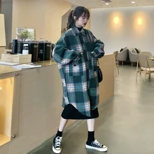 Популярное пальто средней длины женская осенняя и зимняя одежда стиль корейский стиль универсальный свободный крой контрастный цвет клетчатый