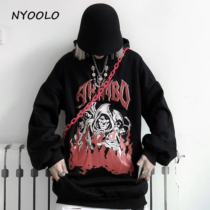 NYOOLO Harajuku уличная пламя демон Письмо печати Свободные толстовки осень зима пуловер с капюшоном утолщаются теплый weatshirt для женщин и мужчин - Цвет: Черный