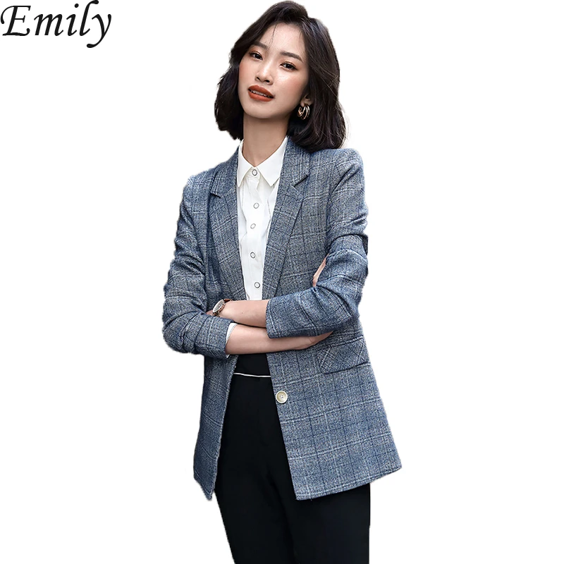 

Office Lady Notched Collar Plaid Women Single-breasted Jacket 2019 Autumn Casual Pockets Female Suits Coat Femme
