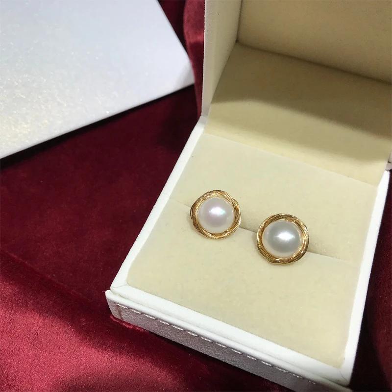 ANI 14K рулонные Золотые женские серьги гвоздики ручной работы с пресноводным белым