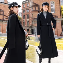 X длинное шерстяное пальто женская зимняя верхняя одежда Новое приталенное элегантное шерстяное пальто с регулируемой талией Модное теплое широкое черное пальто с v-образным вырезом
