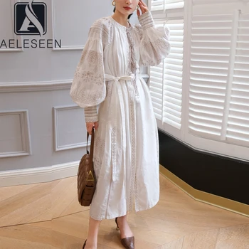 

AELESEEN Runway Fashion White Dress Designer New Arrival Long Lantern Sleeve Flower Print Sashes Elegant Party Maxi Dress