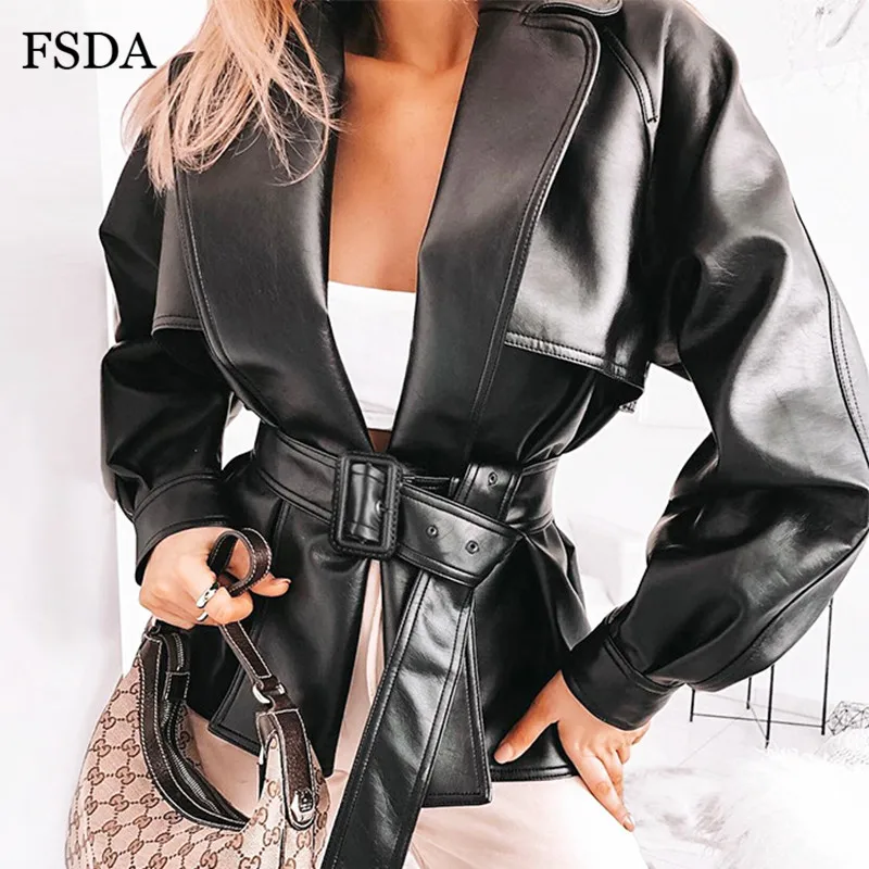 Женская ветровка из искусственной кожи FSDA черная повседневная куртка с поясом и