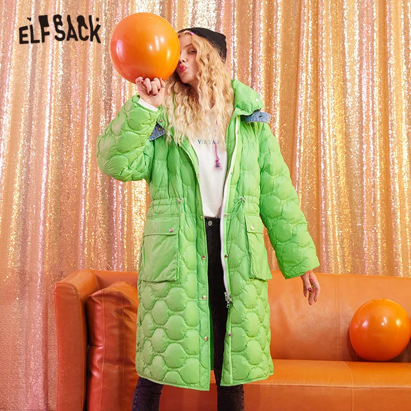 ELFSACK зеленое однотонное теплое пальто с геометрическим рисунком в стиле пэчворк