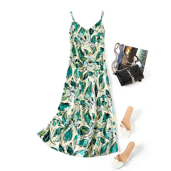 

Women's summer suspender skirt V-neck print sexy senior women's mid-length skirt beach wear large size dress robe dress