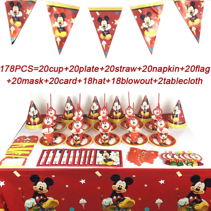  Mickey Mouse Party Tableware Paper Cups Plates Hats Birthday Boy Invitations Card Napkins Mickey Mo - 4000385833496