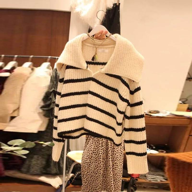 

Autumn 2019 Sweater Doll Collar Striped Long Sleeve Knitted Sweater Sweater Jacket Cardigans Women Sweater