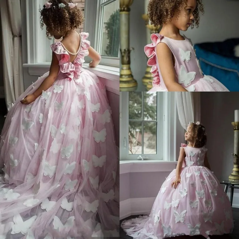 202090 Cute Pink Flower Girl Dresses With Butterfly Lace V Back A Line Tulle Long Girls Pageant Dresses Kids Formal Wear Birthday Party Dress