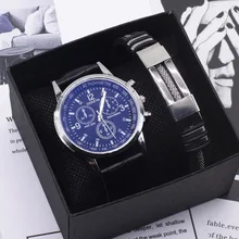 

2022 NEW 2pcs Men's Watch Bracelet Set with Black Box Fashion Leather Analog Quartz Wristwatches Business Gifts Set For Men