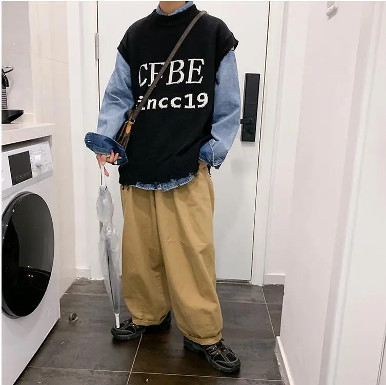 M-2XL!Autumn and winter tide sleeveless sweater men's sweater loose Korean version of the trend vest vest loose sweater male