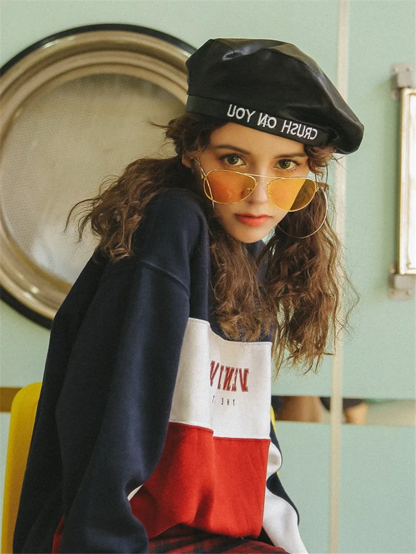 

Yyun Female Matte PU Leather French Artist Beanie Hat Women Spring Autumn CRUSH ON YOU Letter Embroidery Beret Cap