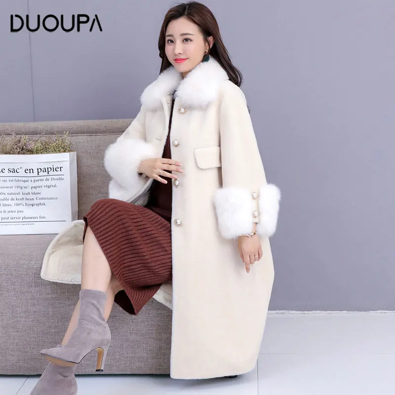 

2019 Winter New Fashion Women's Fur Imitation Sheep Shearing Granules Fox Fur Collar Long Paragraph Female Slim Large Size Coat