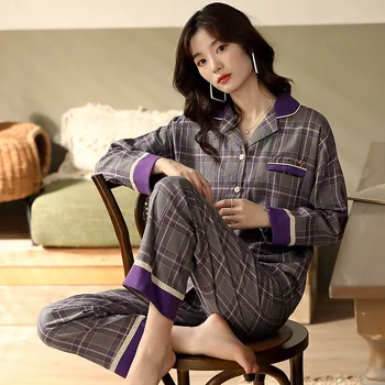 

Spring and Autumn New Pajamas Women's Woven Cotton Korean Version of Simple Fashion Retro Style Home Service Two-piece Suit 2020