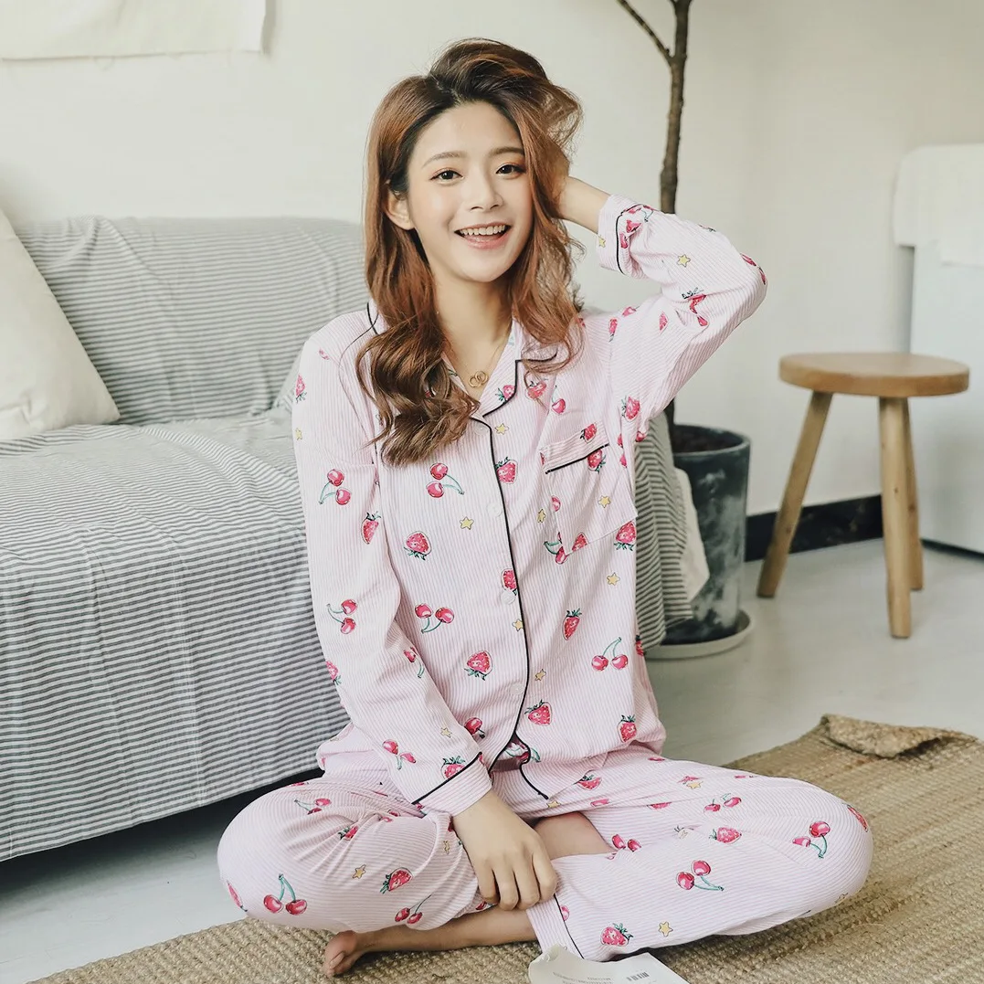 

Spring And Autumn New Style WOMEN'S Long Sleeve Comfortable Preshrunk Cotton Silk Fold-down Collar Pajamas Suit Casual Stripes S