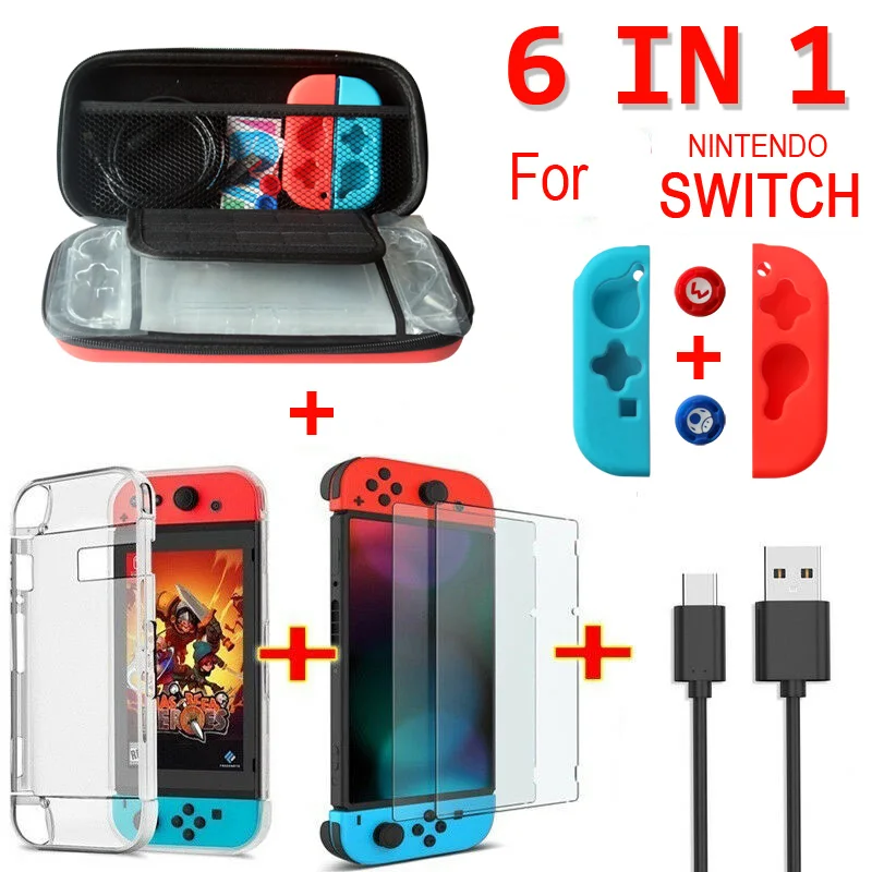 

6 in 1 game accessories for Nintend Switch carrying Bag joy-con case protector case charge cable