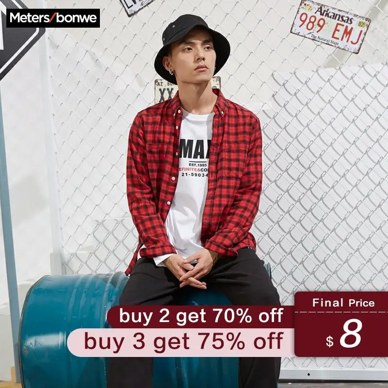 

Metersbonwe New Men Handsome Long Sleeve Shirt New spring Fashion cotton classic Retro Plaid Shirt