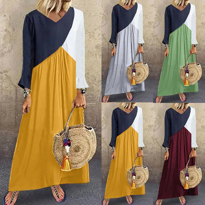 Boho Chic Plus Size Maxi Long Dress Women Casual Loose Color Block Dress Patchwork Short Sleeve Beach Summer Dresses Women