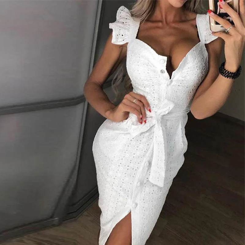 

Woman Hollow Out Ruffles Buttoned Dress Lace Square Neck Wrap Belt Knee-length Bodycon Dress Slim Fit Summer Elegant Club Dress