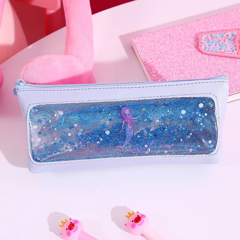 little mermaid blue Новая прозрачная сумка для ручек с блестками и зыбучим песком, водостойкая сумка для карандашей, вместительный чехол для ручек, подарки для детей - Цвет: little mermaid blue