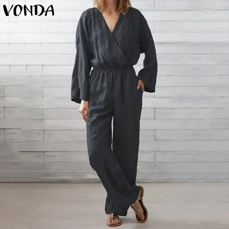 

VONDA Elegant Overalls 2019 Sexy V Neck Long Sleeve Bohemian Rompers Women Jumpsuits Plus Size Solid Color Playsuits 5XL Pant