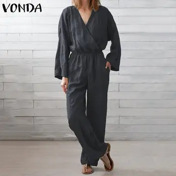 

VONDA Elegant Overalls 2020 Sexy V Neck Long Sleeve Bohemian Rompers Women Jumpsuits Plus Size Solid Color Playsuits 5XL Pant