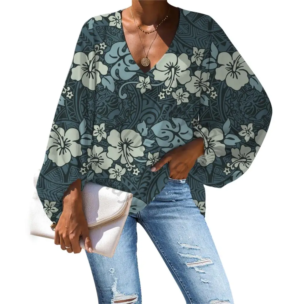 

Polynesia Printing Hawaiian Ladies Blouse Casual Loose Long Sleeve Women V-neck Tops And Fashion Blouse Plus Size Shirt Clothing
