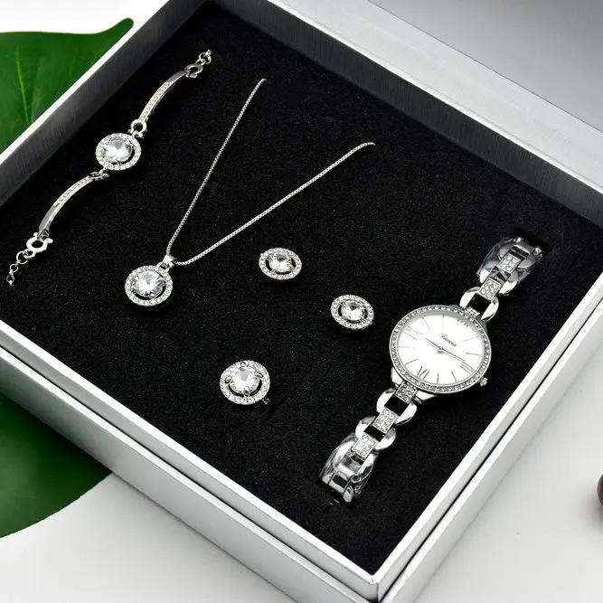 Silver F Женские кварцевые часы, набор, роскошный браслет из пяти частей, ожерелье, кольцо, серьги, подарок на день рождения, модный подарок на день Святого Валентина с коробкой - Цвет: Silver F