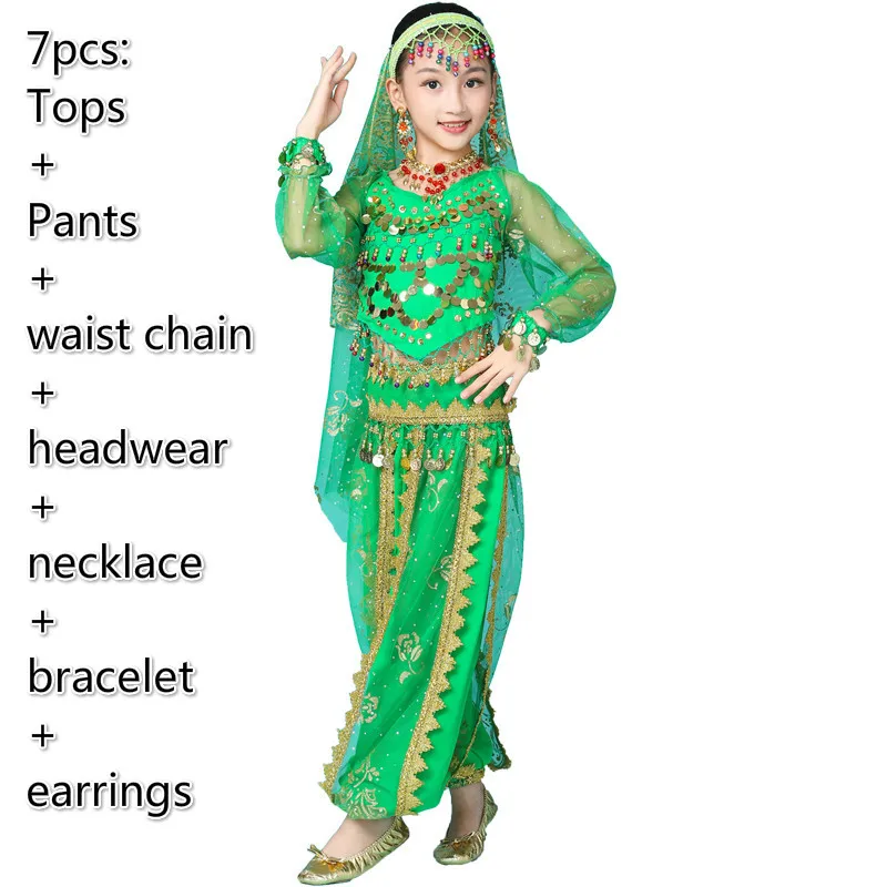 7pcs green Костюм для танца живота, комплекты для девочек, детское платье для индийского танца, детская танцевальная одежда Для Болливуда, одежда для восточных танцев - Цвет: 7pcs green