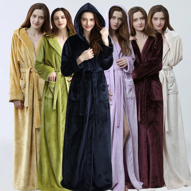 

Factory Brand Female Winter Extra Long Warm Dressing Gown Women Soft Flannel Peignoir Negligee Large Size Home Hooded Bathrobe