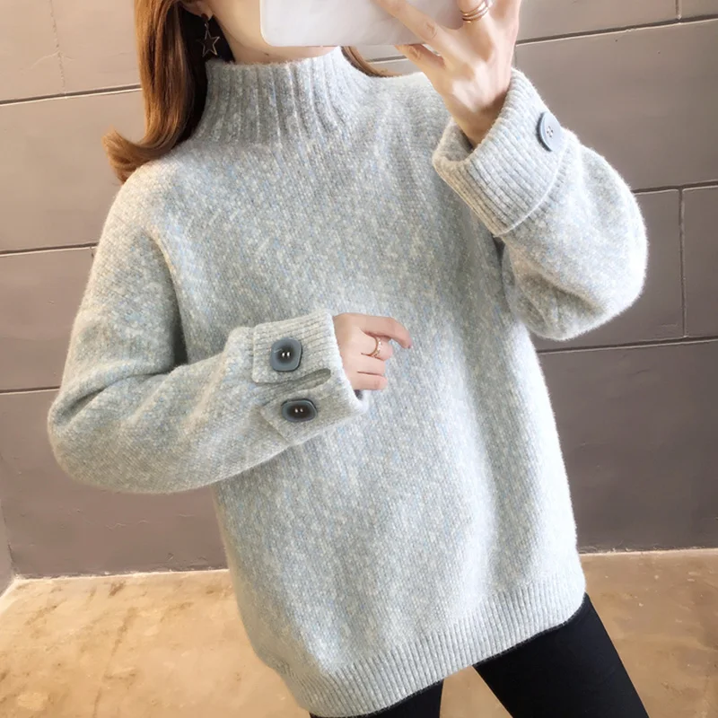 light blue Свитер с высоким воротом, женский зимний свободный свитер для улицы, осенняя и зимняя одежда, норковая бархатная верхняя одежда без подкладки - Цвет: light blue