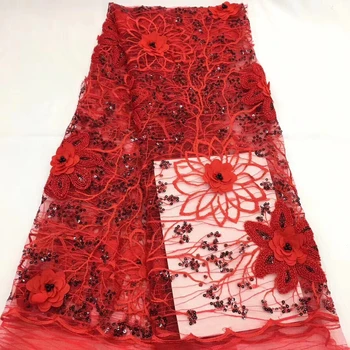 

High Quality Red French Lace Fabrics 3D Flowers Beaded African French Tulle Lace Fabrics With Stones For Wedding Dress CD2768