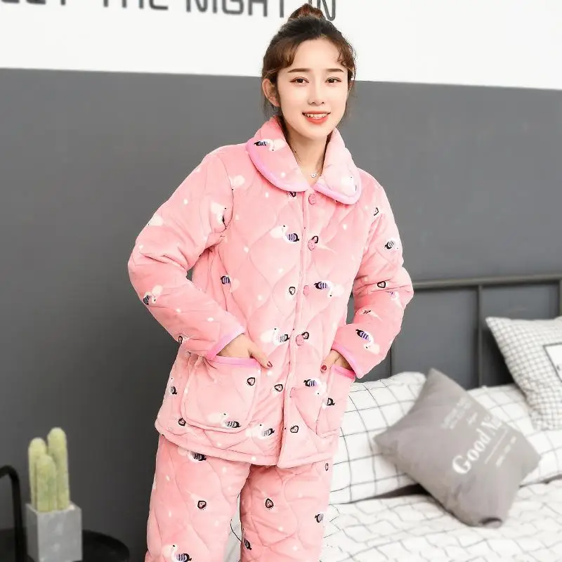 Зимняя теплая Женская одежда для сна с цветочным принтом, ночное белье, сексуальный толстый хлопок, 2 предмета, рубашка и штаны, пижамный комплект, повседневные пижамы, костюм XXL - Цвет: Style B