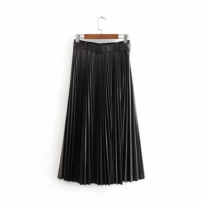 

Europe And America 2019 Solid Color Faux Leather with Belt High-waisted Slimming Skirt