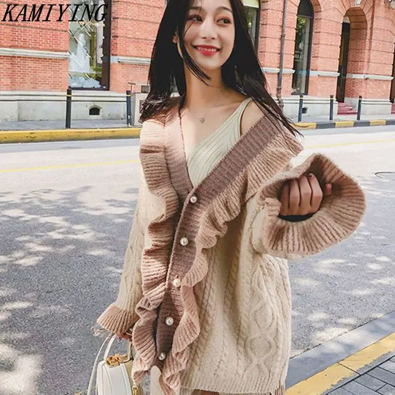 

KAMIYING 2019 New Arrival Ruffles Patchwork Sweater Women V Neck Flare Sleeve Cardigans Loose Elegant Sweaters
