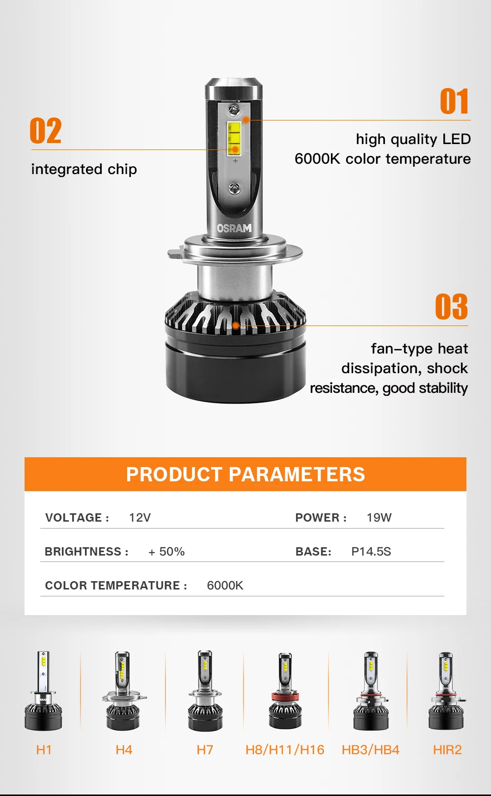 Лампа Ксеноновая OSRAM H7 светодиодный фар автомобиля H11 H1 H4 светодиодный лампы HB4 HB3 9005 9006 светодиодный фар автомобиля лампы 12v 19 Вт 6000K увеличить яркость 50