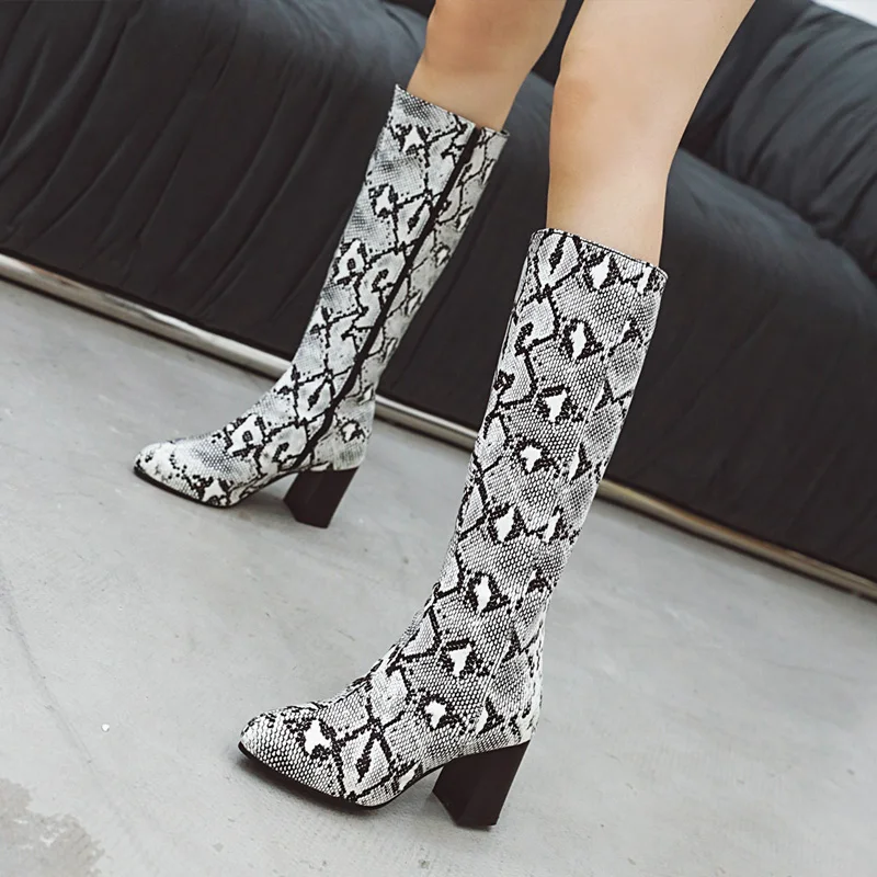 

AIWEIYi Fashion High Heels Women Knee High Boots Snake Soft Pu Leather Office Lady Dress Shoes Autumn Winter Boots Woman 34-43