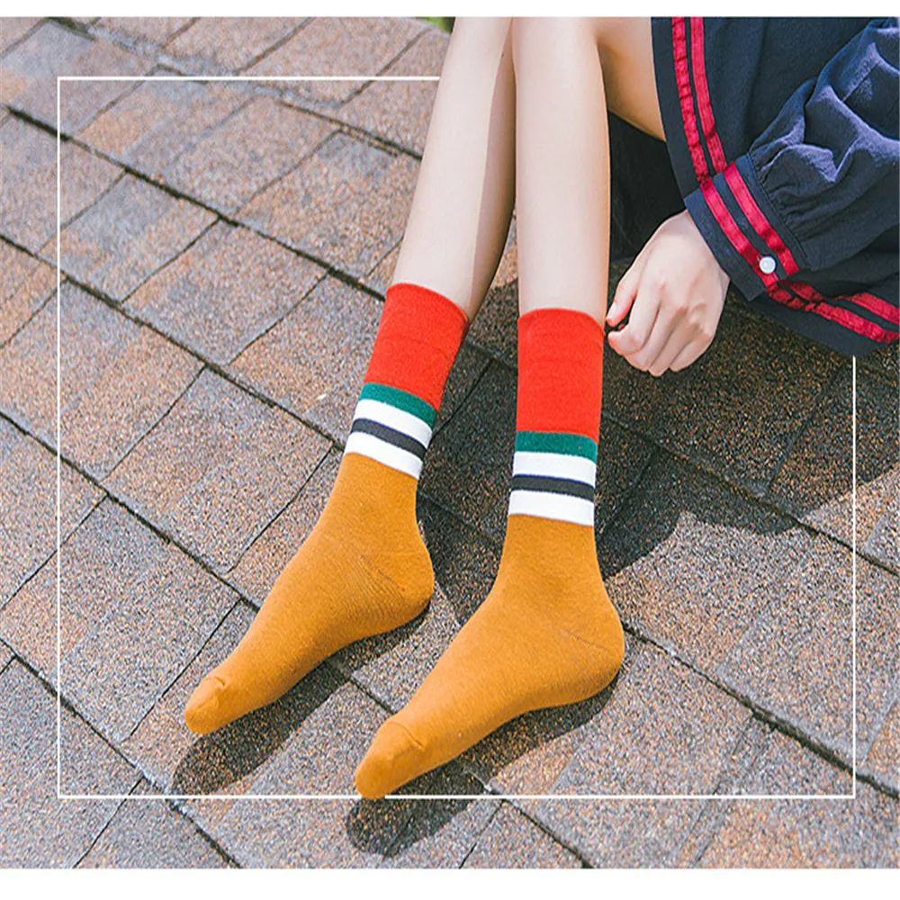 

Woman Solid Cotton Socks with Stripes on the Cuff Ladies Girls Thick Warm Winter High-Socks Female Ankle Socks in Multi Colors 5 pairs/ lot