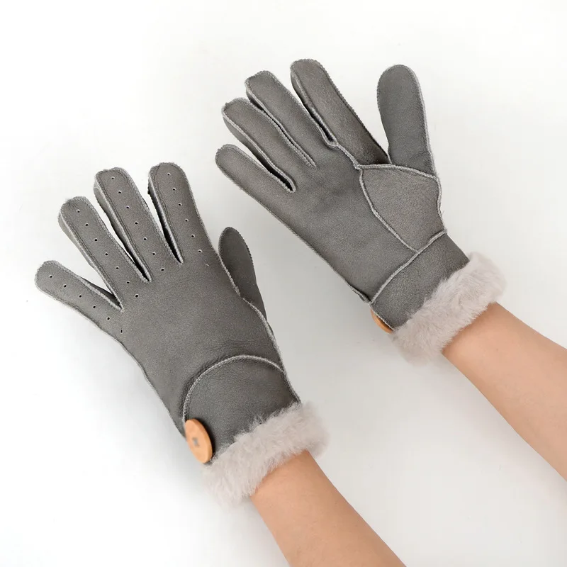 Grey Женские перчатки из овечьей кожи с искусственным мехом, женские теплые зимние перчатки на запястье с пуговицами, женские серые, розовые, сиреневые перчатки на полный палец - Цвет: Grey