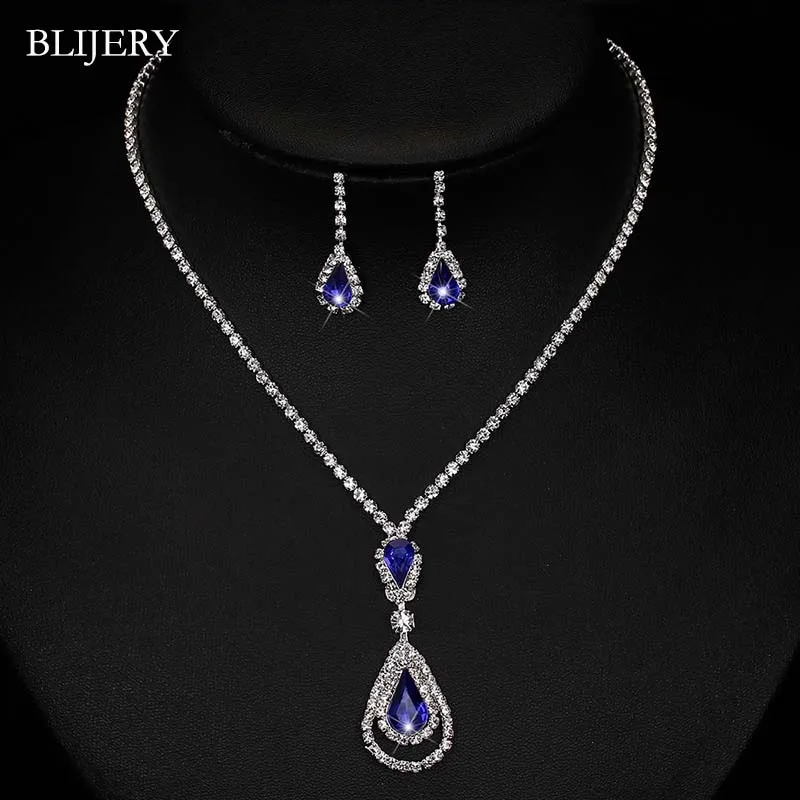 181J01 BLIJERY, Модный Королевский синий кристалл, свадебный ювелирный набор для невесты, для женщин, посеребренное ожерелье, серьги, свадебные ювелирные наборы - Окраска металла: 181J01