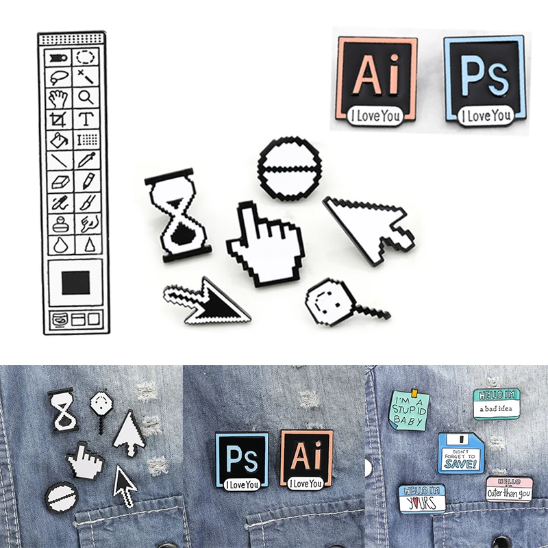 

Novelty Mouse Button Arrow Brooch Computer Photoshop Toolbar Disk Search Window Enamel pin Unisex Fashion Clothes Bag Jewelry