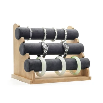 

3 Tier Bamboo Bracelet Display Velvet Jewelry Organizer Holder Stand Bangles Jewelry Display Holder Storage Rack Gray